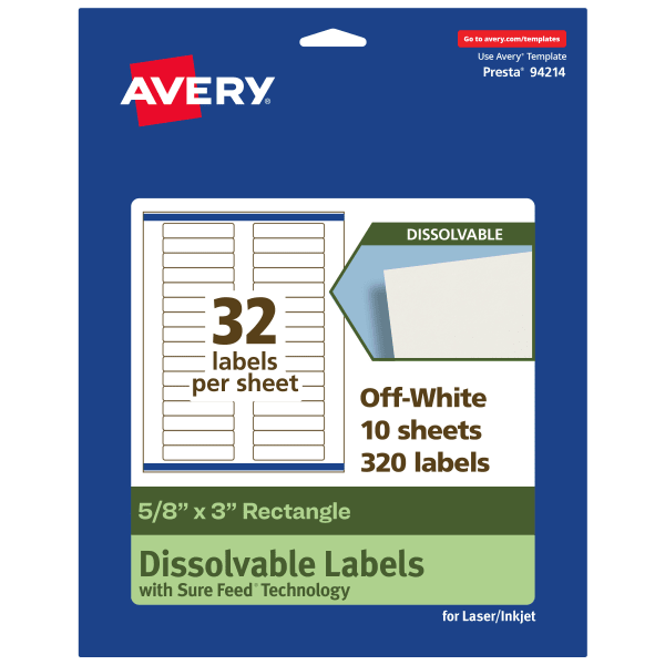 Avery Dissolvable Labels With Sure Feed Technology, 94214-DWMP10, Rectangle, 5/8inx3in, Matte Off-White, Pack Of 320