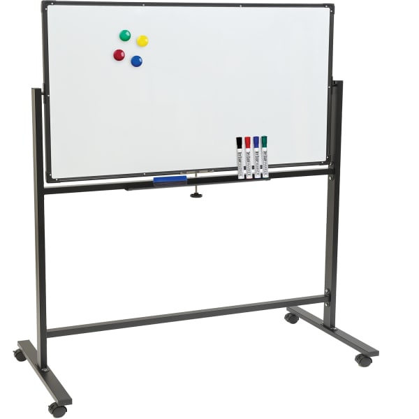 Excello Double-Sided Mobile Magnetic Dry-Erase Whiteboard On Wheels, Steel, 48in x 32in, White, Black Aluminum Frame