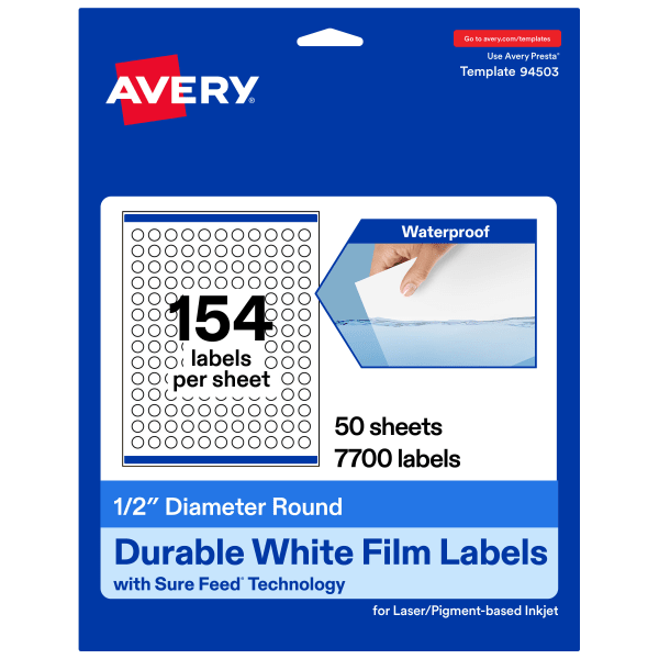 Avery Waterproof Permanent Labels With Sure Feed, 94503-WMF50, Round, 1/2in Diameter, White, Pack Of 7,700