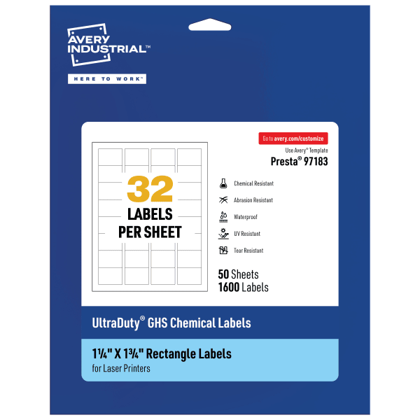 Avery Ultra Duty Permanent GHS Chemical Labels, 97183-WMU50, Rectangle, 1-1/4in x 1-3/4in, White, Pack Of 1,600