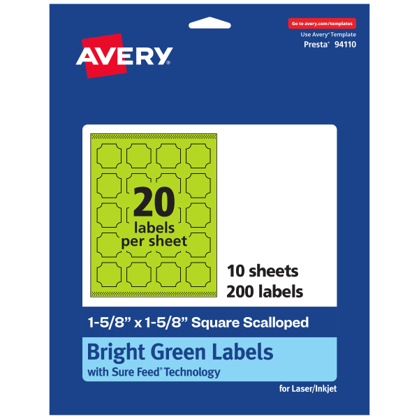 Avery Print-To-The-Edge Labels With Sure Feed Technology, 94110-BGP10, Square Scalloped, 1-5/8in x 1-5/8in, Matte Bright Green, Pack of 200