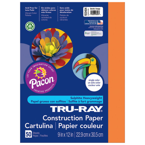 Tru-Ray Construction Paper, 9in x 12in, 50% Recycled, Electric Orange, Pack Of 50