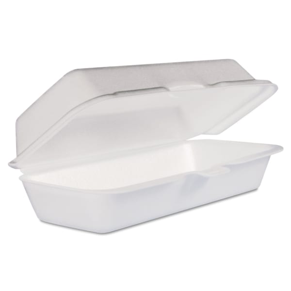 Dart Foam Hinged-Lid Containers, Hot Dog, 2-5/16inH x 3-13/16inW x 7-1/8inD, White, 125 Containers Per Bag, Carton Of 4 Bags