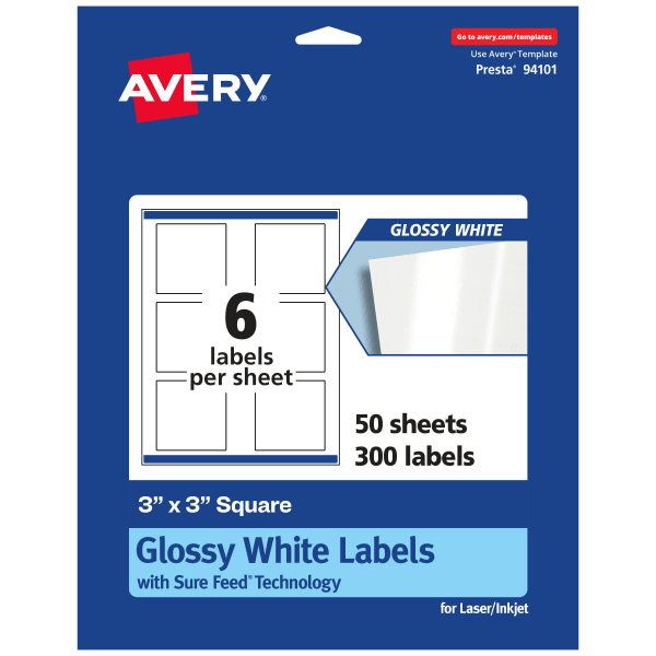 Avery Glossy Permanent Labels With Sure Feed, 94101-WGP50, Square, 3in x 3in, White, Pack Of 300