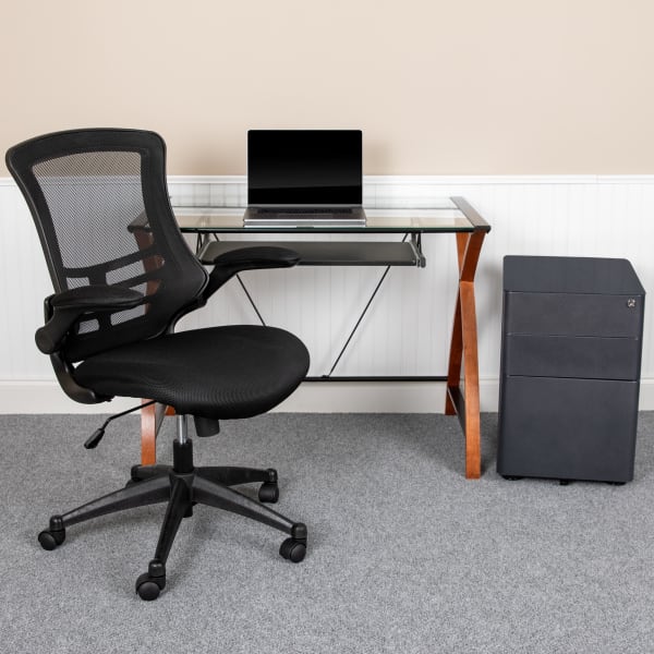 Flash Furniture Work From Home Desk And Chair Set With Glass Desk, Ergonomic Mesh Office Chair And Filing Cabinet, Black