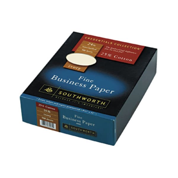 Southworth 25% Cotton Business Paper, Letter Size (8 1/2in x 11in), 24 Lb, Wove, Ivory, Case Of 500 Sheets
