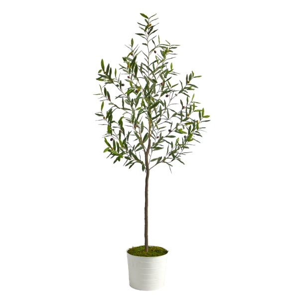 Nearly Natural Olive 74inH Artificial Tree With Metal Planter, 74inH x 26inW x 26inD, Green/White