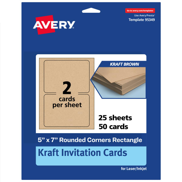 Avery Printable Invitation Cards, 5in x 7in Rectangle Rounded Corners, Kraft Brown, Pack Of 50