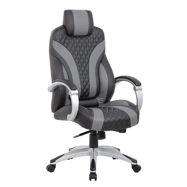 Boss Office Products Hinged Arm Ergonomic Faux Leather High-Back Executive Chair With Synchro-Tilt, Black/Gray