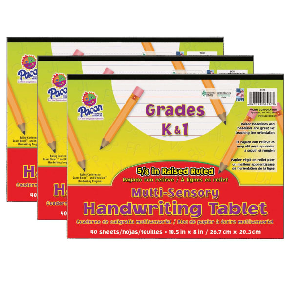 Pacon Multi-Sensory Raised Ruled Tablets, 8in x 10-1/2in, 5/8in x 5/16in x 5/16in Ruled Long, Multicolor, 40 Sheets Per Tablet, Pack Of 3 Tablets