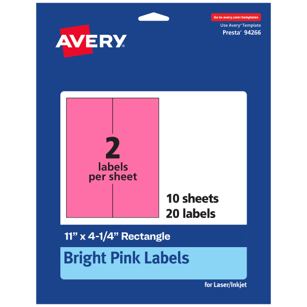 Avery Printable Labels, 94266-BPP10, Rectangle, 11in x 4-1/4in, Matte Bright Pink, Pack of 20