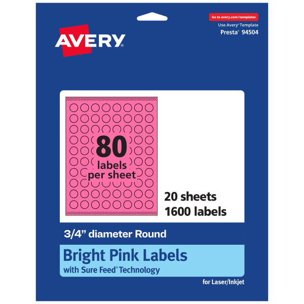 Avery Print-To-The-Edge Labels With Sure Feed Technology And Easy Peel Label Feature, 94504-BPP20, Round, 3/4in, Matte Bright Pink, Pack of 1600
