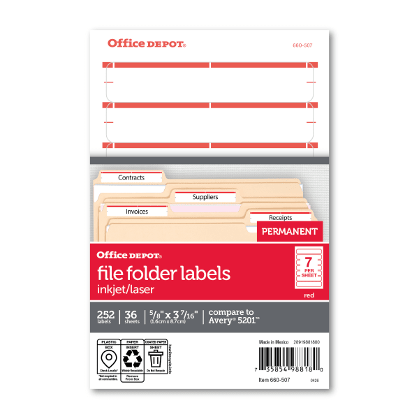Office Depot Brand Print-Or-Write Color Permanent File Folder Labels, OD98818, Rectangle, 5/8in x 3 1/2in, Dark Red, Pack Of 252