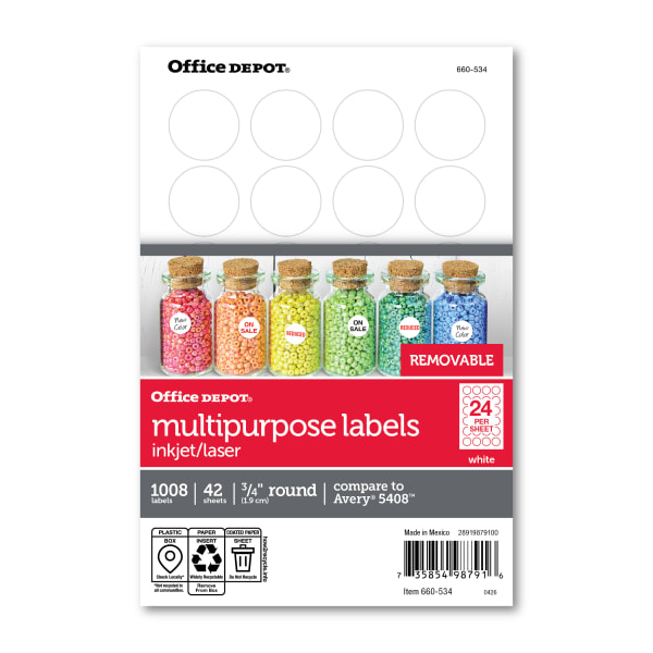 Office Depot Brand Removable Inkjet/Laser Multipurpose Round Labels, OD98791, 3/4in Diameter, White, Pack Of 1,008