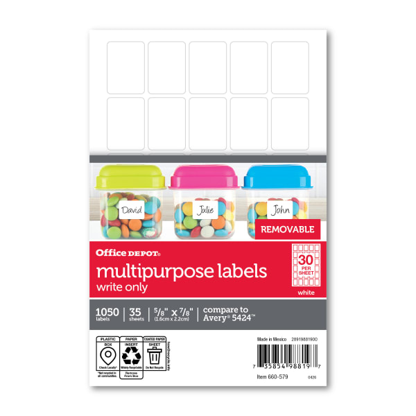 Office Depot Brand Removable Writable Labels, OD98819, Rectangle, 5/8in x 7/8in, White, Pack Of 1,050