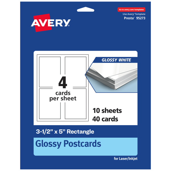 Avery Printable Postcards, 95273-GWC10, Rectangle, 3.5in x 5in, Glossy White, Pack Of 40