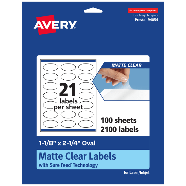 Avery Permanent Labels With Sure Feed, 94054-CMF100, Oval, 1-1/8in x 2-1/4in, Matte Clear, Pack Of 2,100