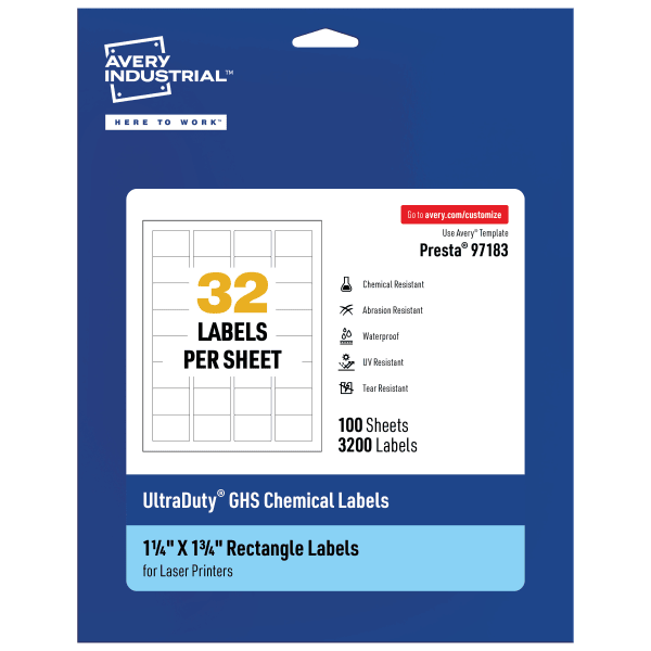 Avery Ultra Duty Permanent GHS Chemical Labels, 97183-WMU100, Rectangle, 1-1/4in x 1-3/4in, White, Pack Of 3,200