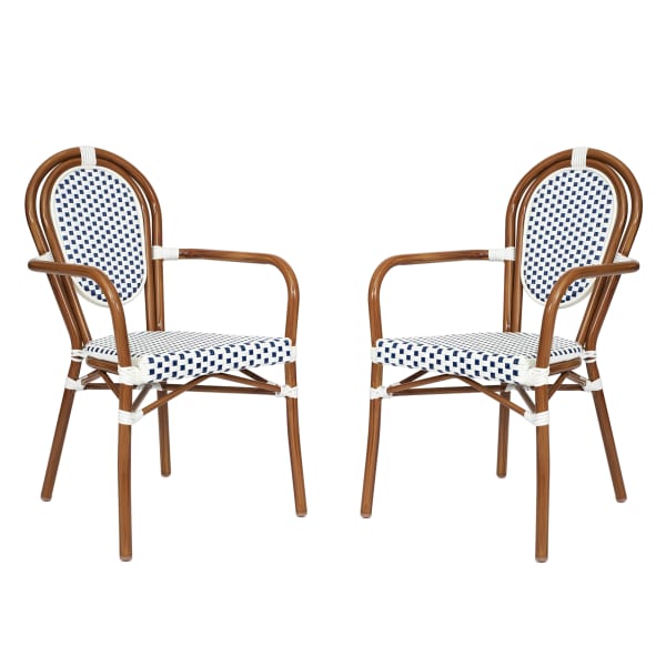 Flash Furniture 2 Pack Lourdes Indoor/Outdoor Commercial Thonet Bistro Stacking Chair with Arms, PE Rattan and Aluminum Frame, White & Navy/Natural Frame