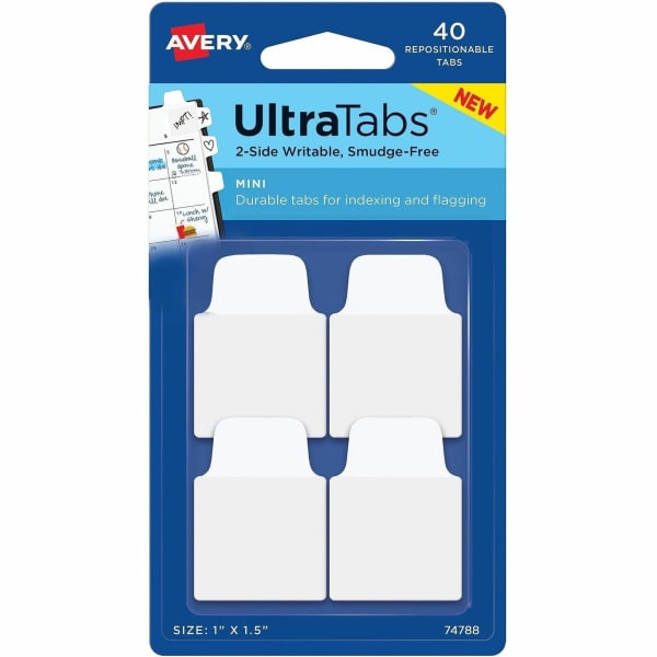 Avery Ultra Tabs Repositionable Mini Tabs - 40 Tab(s) - 10 Tab(s)/Set - Clear Film, White Paper Tab(s) - 40 / Pack