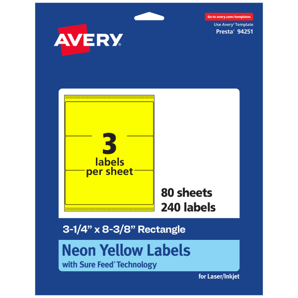 Avery Printable Labels With Sure Feed Technology, 94251-NYP80, Rectangle, 3-1/4in x 8-3/8in, Matte Neon Yellow, Pack of 240