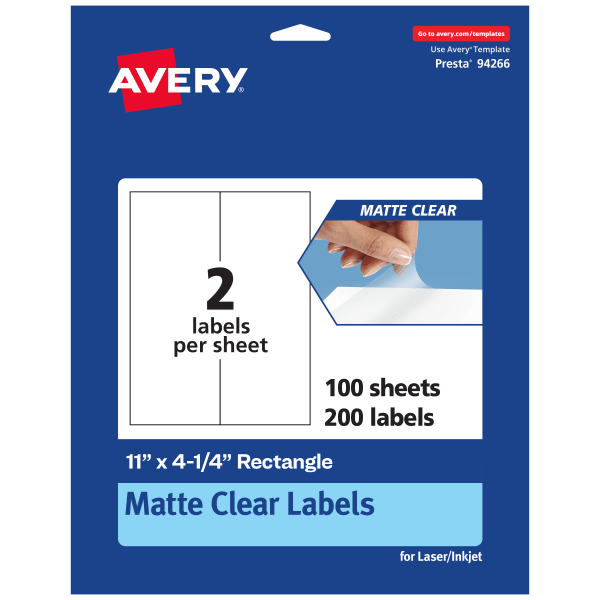 Avery Permanent Labels, 94266-CMF100, Rectangle, 11in x 4-1/4in, Matte Clear, Pack Of 200