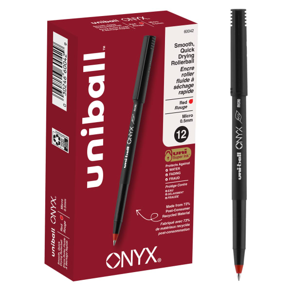uni-ball Onyx Rollerball Pens, Micro Point, 0.5 mm, Black Barrel, Red Ink, Pack Of 12