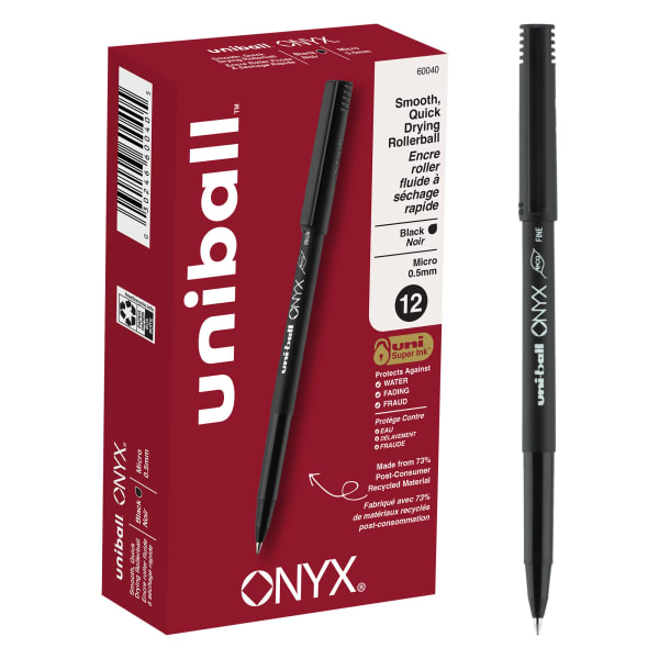 uni-ball Onyx Rollerball Pens, Micro Point, 0.5 mm, Black Barrel, Black Ink, Pack Of 12