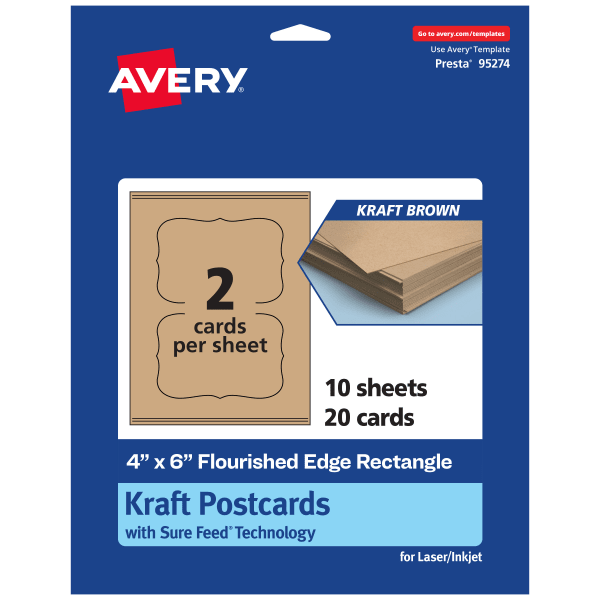 Avery Printable Postcards With Sure Feed Technology, 95274-KMC10, Rectangle Flourished Edge, 4in x 6in, Kraft Brown, Pack Of 20