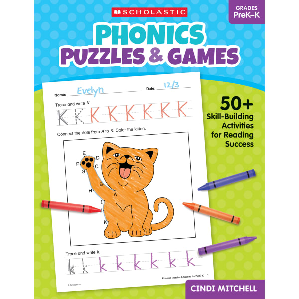 Scholastic Teaching Solutions Phonics Puzzles & Games Activity Book, Pre-K to Kindergarten