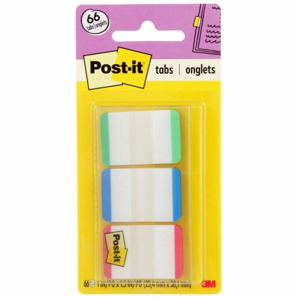 Post-it Durable Tabs, 1in x 1 1/2in, Blue/Green/Red Color Bars, 22 Flags Per Pad, Pack Of 3 Pads