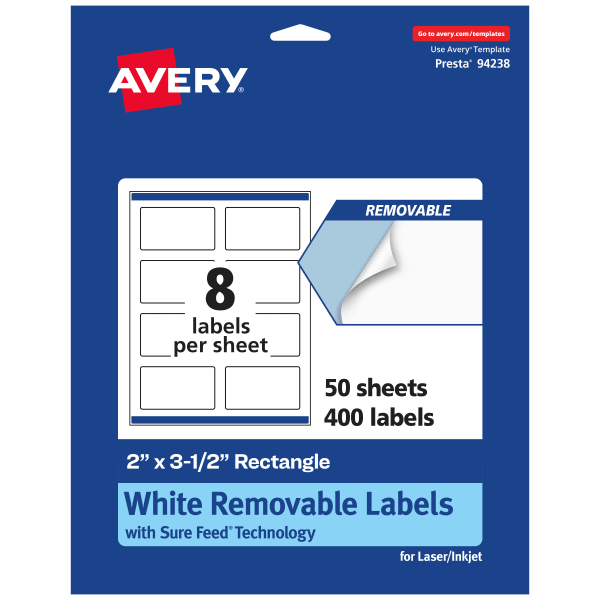 Avery Removable Labels With Sure Feed, 94238-RMP50, Rectangle, 2in x 3-1/2in, White, Pack Of 400 Labels