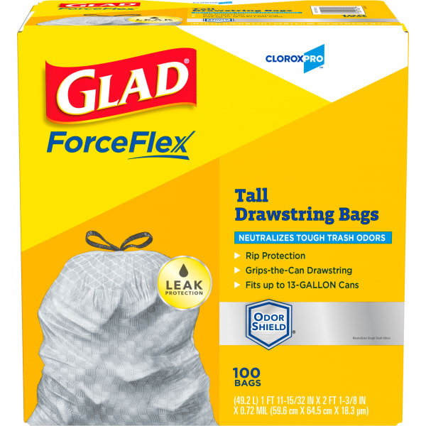 CloroxPro Glad ForceFlex Tall Kitchen Drawstring Trash Bags, 13 Gallon, Grey, Box Of 100