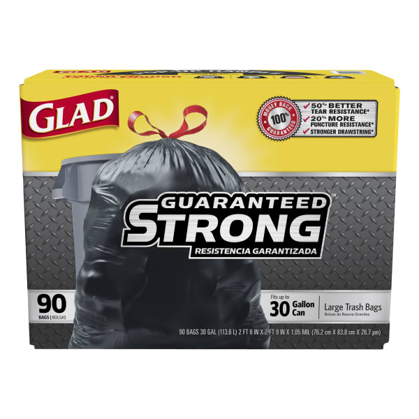 Glad Drawstring Trash Bags, 30 Gallons, Black, Box Of 90