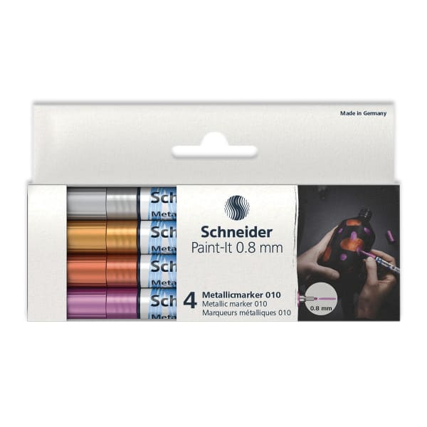 Schneider Paint-It 010 Metallic Markers, 0.8 mm Fine Tip, Assorted Ink Colors, Pack of 4 Markers