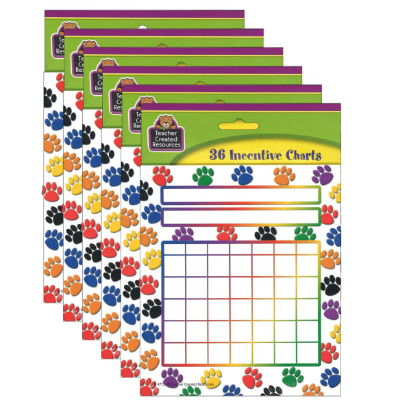 Teacher Created Resources Incentive Charts, Colorful Paw Prints, 5.25in x 6in, 36 Sheets Per Pack, Set Of 6 Packs