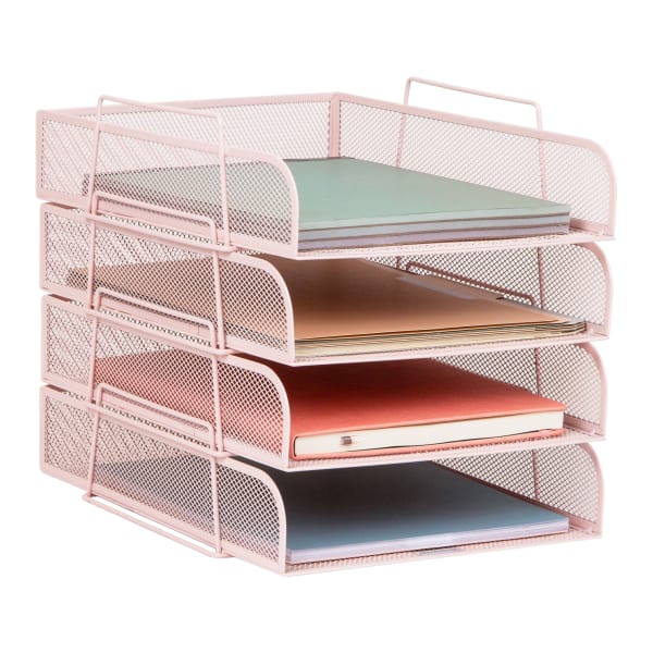 Mind Reader Metal Stackable Paper Tray Desktop Organizer, 11-1/4inH x 13-1/2inW x 10-1/2 D", Pink