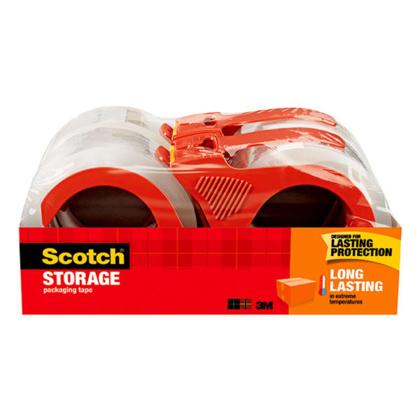 Scotch Long Lasting Storage Packing Tape, 4 Tape Rolls with Dispensers, 1 7/8 in x 38.2 yd, 3in Core, Storage Tape Seals Moving Boxes, Clear