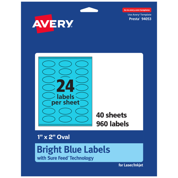 Avery Print-To-The-Edge Labels With Sure Feed Technology And Easy Peel Label Feature, 94053-BBP40, Oval, 1in x 2in, Matte Bright Blue, Pack of 960