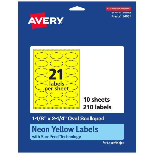 Avery Print-To-The-Edge Labels With Sure Feed Technology And Easy Peel, 94061-NYP10, Oval Scalloped, 1-1/8inx2-1/4in, Matte Neon Yellow, Pack of 210