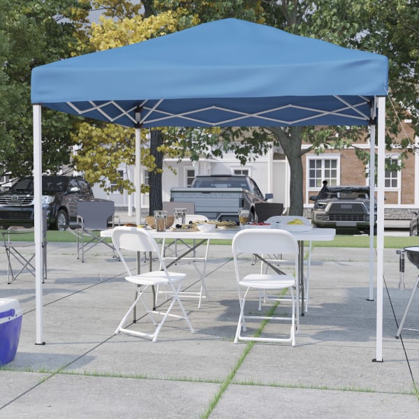 Flash Furniture Portable Tailgate/Event Tent Set - 8ftx8ft Pop Up Canopy Tent, 6-Foot Bi-Fold Table, Set of 4 Folding Chairs, Blue