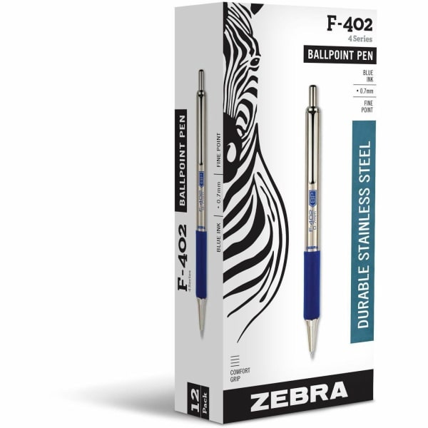 Zebra Pen F-402 Retractable Ballpoint Pen, Fine Point, 0.7 mm, Silver Barrel, Blue Ink