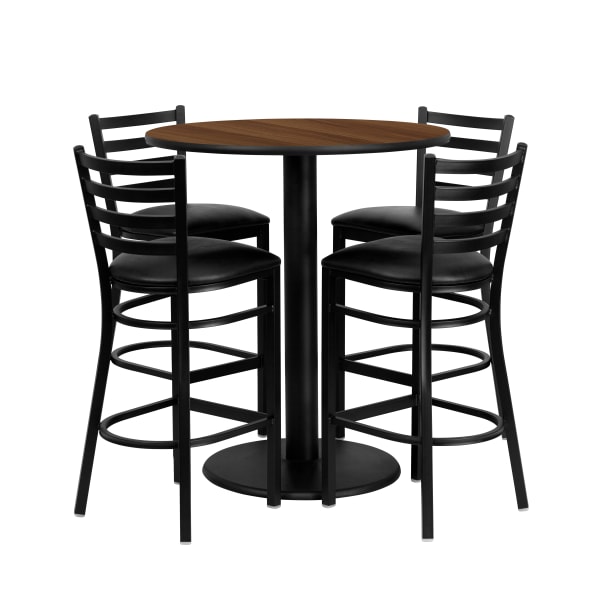 Flash Furniture Round Laminate Table Set With 4 Ladder-Back Metal Barstools, 42inH x 36inW x 36inD, Walnut