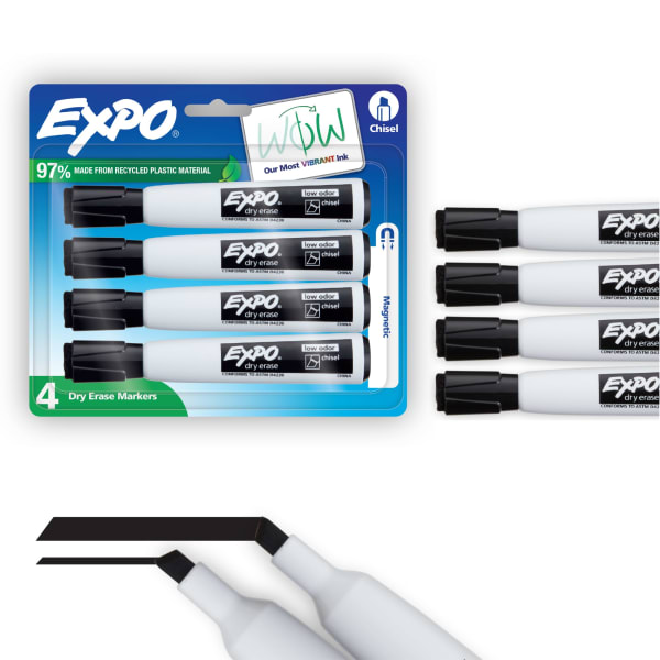 EXPO Magnetic Dry Erase Markers With Eraser, Chisel Tip, Black Ink, Pack Of 4