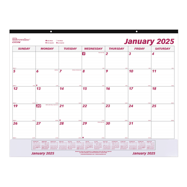 2025 Brownline Monthly Desk Pad Calendar, With Vinyl Strip, 22in x 17in, Burgundy/White, January to December, C1731V