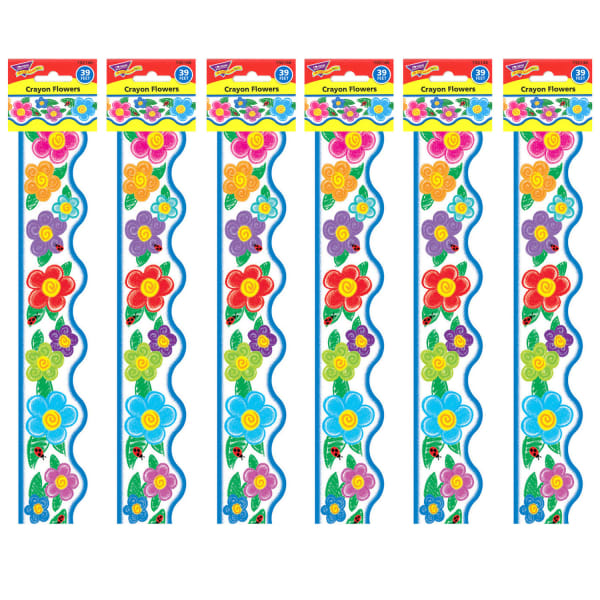 Trend Terrific Trimmers Packs, 39' x 2-1/4in, Crayon Flowers, Set Of 6 Packs