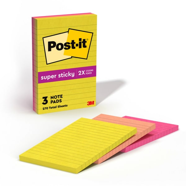 Post-it Super Sticky Notes, 4 in x 6 in, 3 Pads, 90 Sheets/Pad, 2x the Sticking Power, Summer Joy Collection, Lined