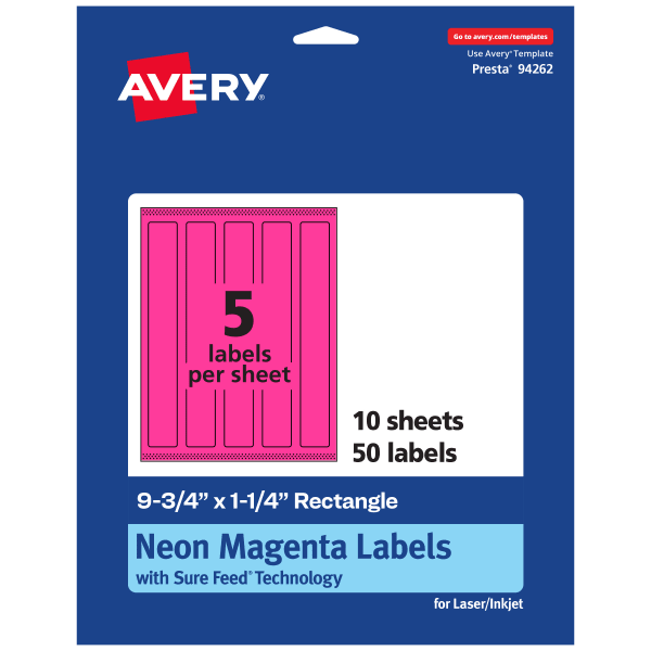 Avery Print-To-The-Edge Labels With Sure Feed Technology, 94262-NMP10, Rectangle, 9-3/4in x 1-1/4in, Matte Neon Magenta, Pack of 50