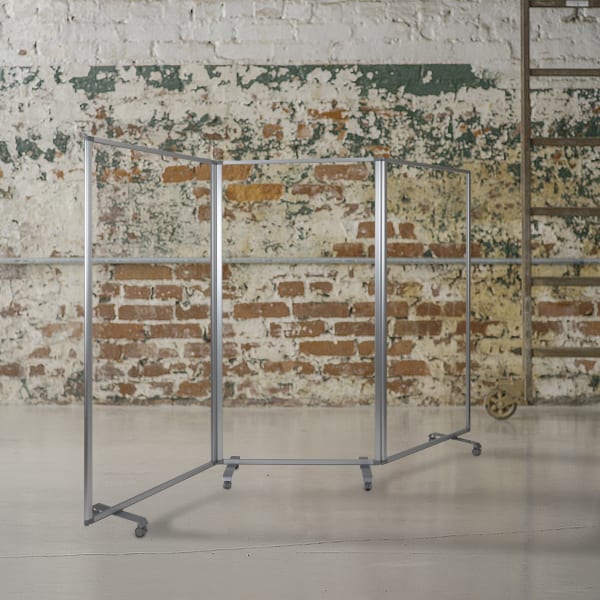 Flash Furniture Transparent Acrylic Mobile Partition With Lockable Casters, 72-3/16inH x 106-1/2inW x 25-7/16inD, Clear