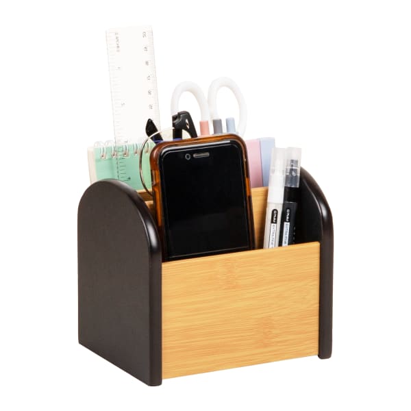 Mind Reader Desktop Organizer with 3 Compartments, Wood, 5inH x 4-1/2inW x 5-1/2inL, Black